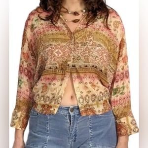 Essentials By Milano Womens Boho Translucent Blouse Large Paisley Golden Threads